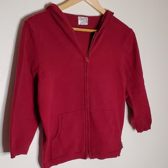Burgundy Flat Knit Basic Casual Zip-Up Hoodie Sweather with Pockets - Picture 9 of 12